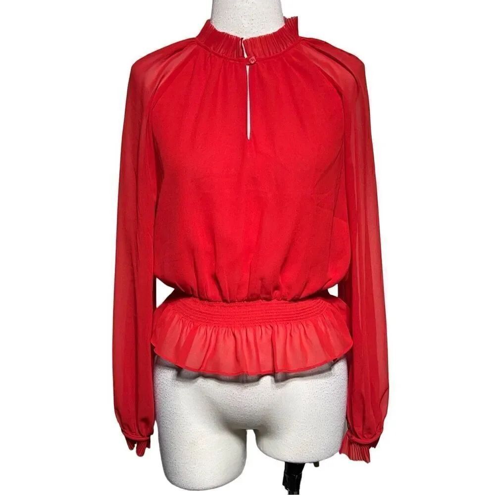 Ann Taylor NWT Long Sleeve Red Chiffon Peplum Blouse Size XS